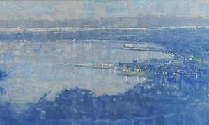 plein air painting over Grand Traverse Bay by Elizabeth Pollie