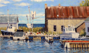 A water painting scene with a boat marina